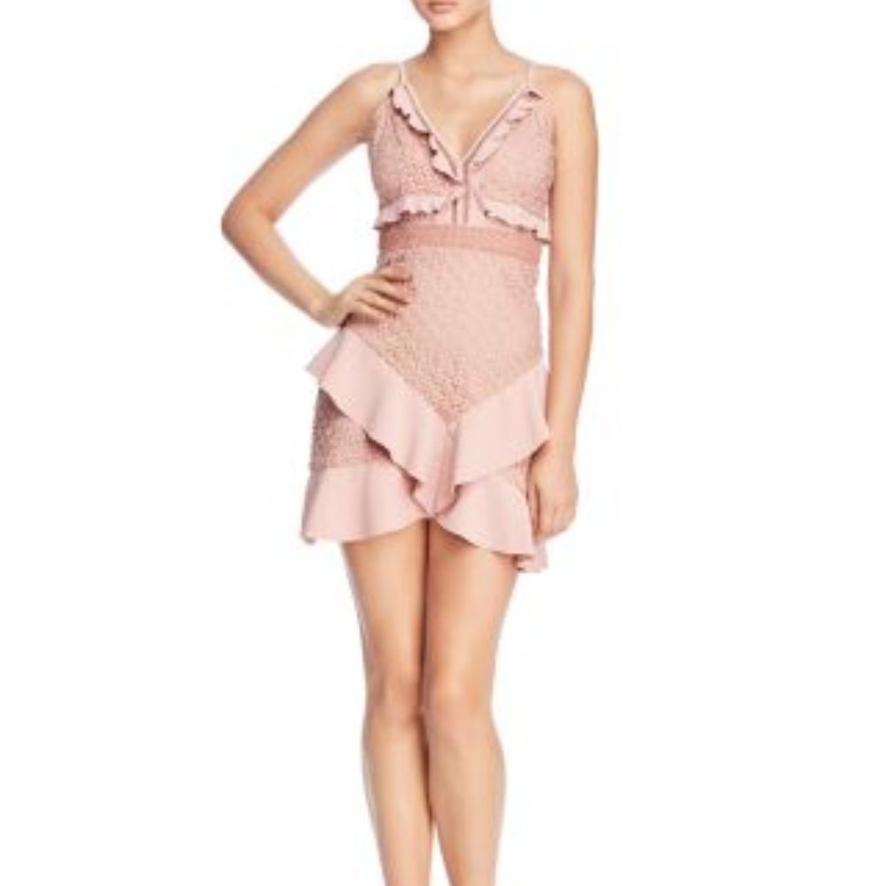 Bardot Blush Pink lace Ruffle V-neck Short Dress